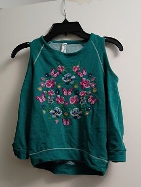 Beautees Teal Cold-Shoulder Sweater with Floral & Butterfly Embroidery